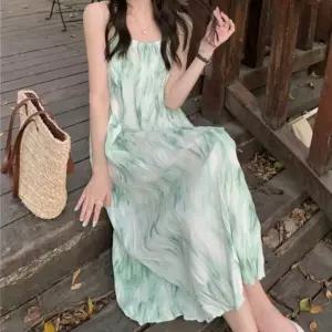 끈나시 백리스 비치 시폰 여성 캐주얼 롱 원피스 휴양지 나염 디테일 여름