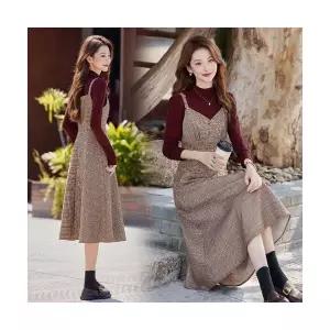 볼사스 여성 겨울 정장세트 체크 나시 원피스 가을 빈티지 모직 멜빵 스커트 투피스 롱 ADOR4