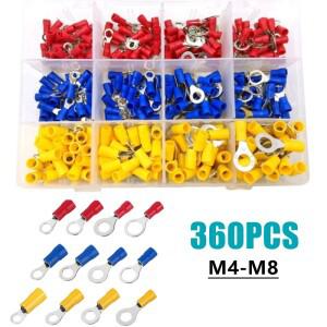 360피스 절연 링 터미널 M4/M5/M6/M8 냉간 압착 전기 와이어 케이블 커넥터 22-10 AWG 키트