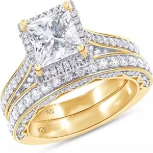 위시록스 6MM 센터 프린세스 컷 브라이덜 세트 링 2 Cttw 랩 14K 금도금 스털링 실버 여성용 모이사나이트