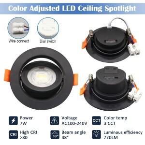 LED 천장 스포트라이트 90 ° 각도 조절 가능 AC 220V 110V 다이얼 스위치 침실 가정용 3 색 디밍 내장 다
