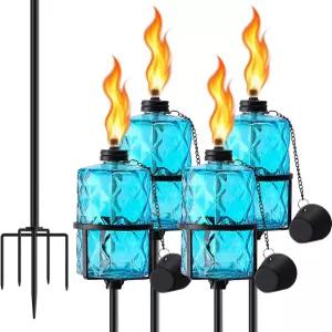 SNOGSWOG 유리 시트로넬라 토치 세트 4 12온스 야외 정원 5개 홈 데코용 59인치 뒷마당 파티오 블루용 외부