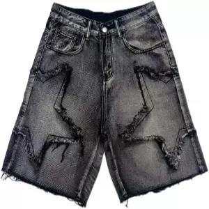 남성 배기 진 반바지 블랙 그레이 빈티지 스타 패턴 조츠 Y2K 패션 캐주얼 루즈 데님 스트리트웨어