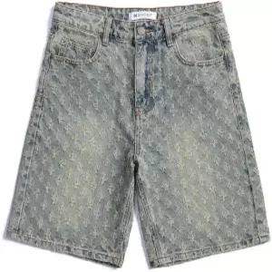 SHION7 남성용 데님 반바지 릴렉스 핏 무릎 길이 숏 팬츠 찢어진 배기 하프 스트리트웨어 오버사이즈