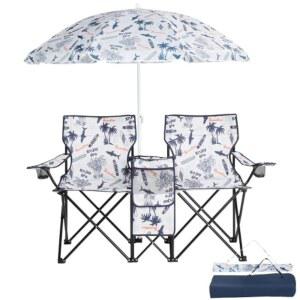 우산이 있는 빈글리 비치 체어, 캐노피 및 쿨러 접이식 테이블이 더블 캠핑 휴대용 가방, 야외용 체어(코코넛 트리 패튼)