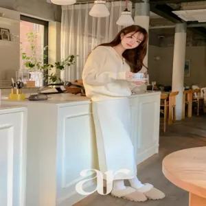 (니트셋업/후드스커트/이지룩) 데이즈 반집업 후드 니트 롱 스커트 투피스 세트 st3018