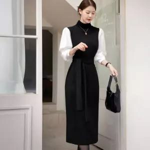 [시크라인] (~XL까지) 아비셀트 셔츠 레이어드 니트 원피스 겨울 데일리 오피스룩 캐쥬얼 출근룩 베이직 빅사이즈