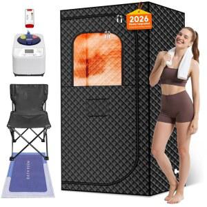MIXC 휴대용 스팀 사우나 박스, 가정용 사우나, 2.6L 및 1500W의 퍼스널 텐트 리모컨, 접이식 의자(1인용 버전-블랙)