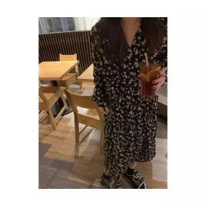 에네로 여성쉬폰원피스 가을 빈티지 포켓 슬림핏 긴팔 쉬폰 끈 원피스 롱 UNO3