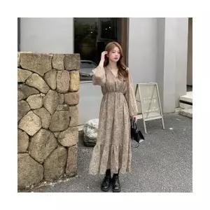 에네로 여성쉬폰원피스 빅사이즈 초가을 프렌치 브이넥 긴팔 하이웨스트 원피스 UNO3