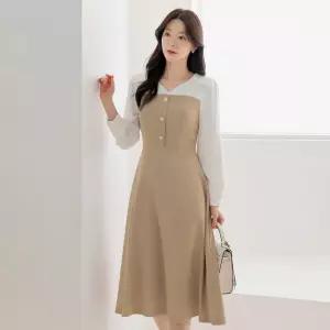 [시크라인] (~XXL까지) 프아 와이드 플랫카라 배색 플레어 원피스 봄 가을 하객룩 오피스룩 모임룩 격식룩 빅사이즈