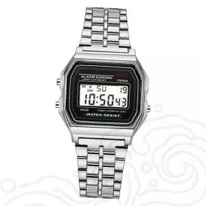 메탈 디지털 손목시계 스테인리스 스틸 방수 알람 크로노 레트로 스퀘어 액정 남녀공용 캐주얼