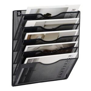 EASISPRESS 5 포켓 메시 매달린 벽 파일 정리함, 벽걸이 우편 종이 문서 폴더 홀더, 사무실 홈스쿨용 네임택 라벨이 있는 클립보드 보관 정리 매거진 랙, 블랙