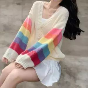 [옷자락] 여성 일상 여리핏 무지개 감성 니트 카디건