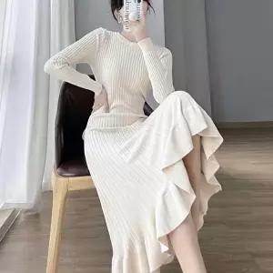 [옷자락]여자 가을 겨울 따뜻한 골지 슬림 롱 니트 원피스