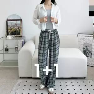 [블레오]블레오 여자 여름 체크 핀턱 와이드 쿨 밴딩 팬츠 (1+1) DM25198