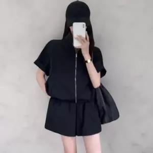 여성 통기성 우수한 폴리에스터 루즈핏 반팔 아노락 집업 반바지 세트