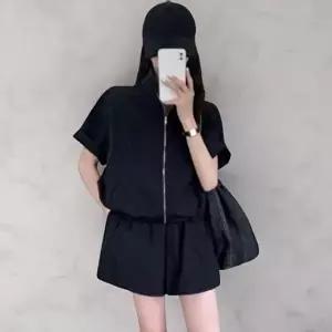 [옷자락]여성 통기성 우수한 폴리에스터 루즈핏 반팔 아노락 집업 반바지 세트