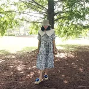 [앞머리]프릴 빅 카라 단추 플라워 패턴 롱 원피스n707_P343603772