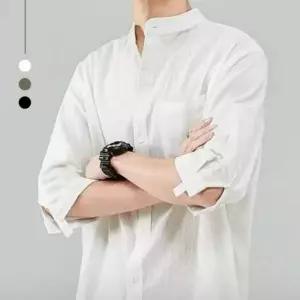 린넨 소재 헨리넥 반팔 남성 셔츠 여름용 루즈핏 7부 남방