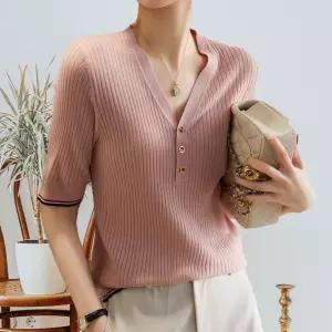 여성 여름 골지 브이넥 반팔 니트 티셔츠 핑크 여성반팔티 반팔니트