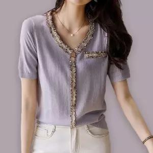 여성 썸머 여름 예쁜 반팔 브이넥 니트 티 퍼 여성여름니트티 여름니트