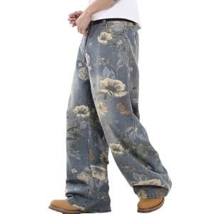 Y2k 배기 청바지 남성 플라워 스트리트웨어 팬츠 레그 와이드 데님 그래픽 프린트 하라주쿠 보이프렌드