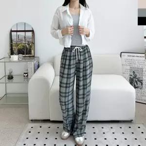 [블레오]블레오 여자 여름 쿨소재 체크 핀턱 와이드 밴딩 팬츠 DM2511832