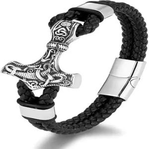 앤비 룬다 바이킹 토르 해머 남성 팔찌 14K 블랙/화이트 골드 도금 땋은 가죽 커프 아버지 남편 아들