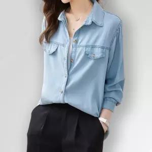[퀸이즈] 데시 투포켓 연청 데님 셔츠 블라우스/셔츠