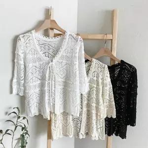 여성 비스코스 리프 펀칭 그물 스트랩 가디건