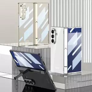 갤럭시 Z폴드7 강화유리 액정보호 마그네틱 힌지 풀커버 2단 접이식 거치대 전기도금 투명 하드 케이스