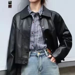 [퀸이즈][퀸이즈] 기비 카라 라인 포인트 레더 자켓