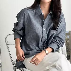 여자 포켓 빅사이즈 청남방 오버핏 솔리드 코튼 셔츠