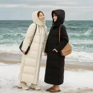 여성 겨울 롱패딩 후드점퍼 따뜻한 롱다운 발목기장 보온 롱코트형 아우터