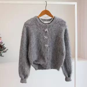 [잇수다] 모느본 헤어리 진주리본 라운드 울 니트 가디건