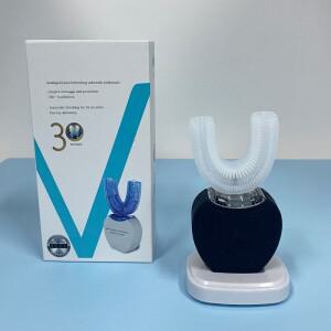 APC 360도 자동 전동 음파 칫솔 휴대용 U자형 USB 충전식 블루 콜드 라이트 치아 미백