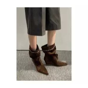 여성용 웨지힐 양가죽 빈티지 스웨이드 스틸레토 웨지 힐 셔링 더미 데님부츠 CH5