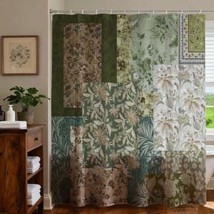 모시카 빈티지 보호 샤워 커튼 녹색 레트로 플로럴 욕실 장식 방수 원단 미드 센추리 농가 꽃 패치워크 목욕 커튼, 72 X 인치