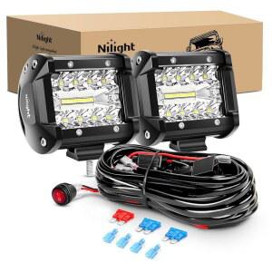 Nilight LED 라이트 바 2PCS 60W 4인치 홍수 지점 콤보 워크 포드 트리플 로우 드라이빙 램프 12피트 배선 하네스 키트 포함 - 리드 2개