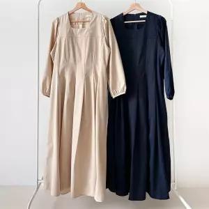 여자 가을 스퀘어넥 플리츠 퍼프 빅사이즈 롱원피스