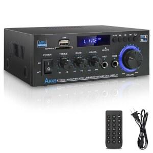 [미국배송] 홈 스테레오용 AK45 스테레오 오디오 앰프 블루투스 수신기 FM 라디오 USB SD 카드 및 리모컨 시어터 시스템이 포함된 400W 2채널 무선 5.0 파워 시스템
