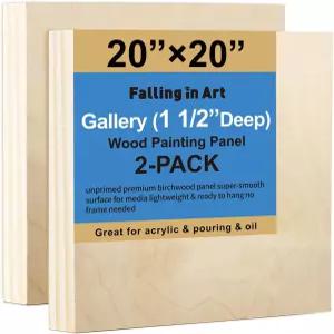 폴링 인 아트 2 팩 미완성 나무 캔버스 패널 20x20 갤러리 자작나무 키트 아크릴 페인팅 붓기 및 태우기용
