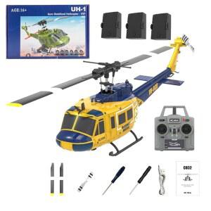 C032 UH-1 휴이 RC 헬리콥터, 1/48 스케일 2 4G 6CH 플라이바리스 스턴트 평면 6축 자이로스코프 광학 흐름 위치, 초보자를 위한 TOF 라이다 높이 옐로우-블루 3개 배터리