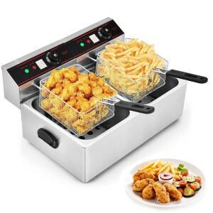 코스트웨이 커머셜 딥 프라이어, 듀얼 대형 탱크, 바구니 2개 및 뚜껑 2개가 있는 5000W 전기 조리대, 감자튀김, 치킨, 새우, 칩용 온도 조절 가능한 스테인리스 스틸 핫