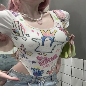 여성용 그래피티 프린트 반팔 할로우 아웃 백리스 바디콘 점프수트, 섹시한 스트리트웨어, 슬림 바디수트