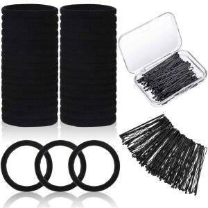 두껍고 무겁고 곱슬거리는 머리카락을 위한 블랙 심리스 헤어 타이 60개와 박스가 있는 바비 핀 60개 - 여자와 여자를 금속 포니테일 홀더 없음