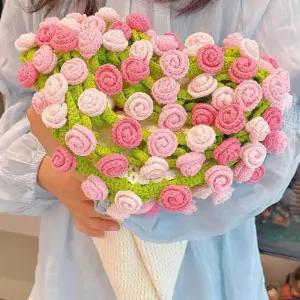 장미꽃다발 손뜨개 담요 그라데이션 90cm 부모님 완제품 핑크 플라워 60개 블