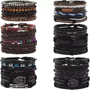 MOZAKA 남성 36Pcs 땋은 가죽 팔찌 여성 핸드메이드 랩 직조 커프 나무 구슬 빈티지 민족 부족 손목 밴드