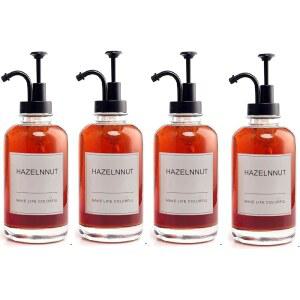 커피 바 액세서리 시럽 디스펜서 4팩 디스펜서, 500ML 유리 펌프 라벨이 부착된 병(블랙+화이트 라벨)